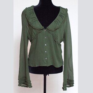 Max Studio Women's Green Silk Crepe Blouse Long Sleeve, Mesh Trim Size L